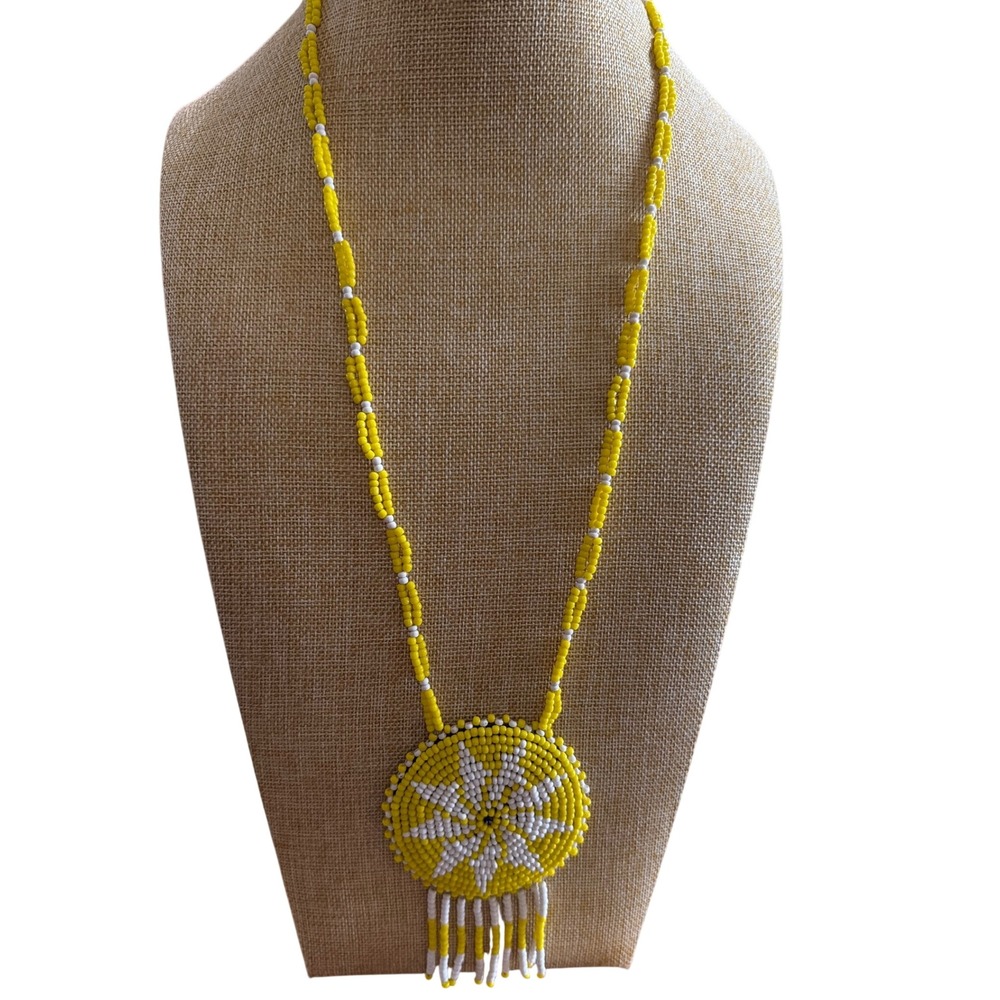 Kenya Handcrafted Beaded‎ Medallion Necklace Yellow White Starburst Fringe Boho